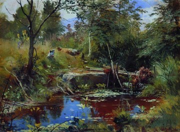 150の主題の芸術作品 Painting - 橋のある風景 Ivan Ivanovich ストリーム